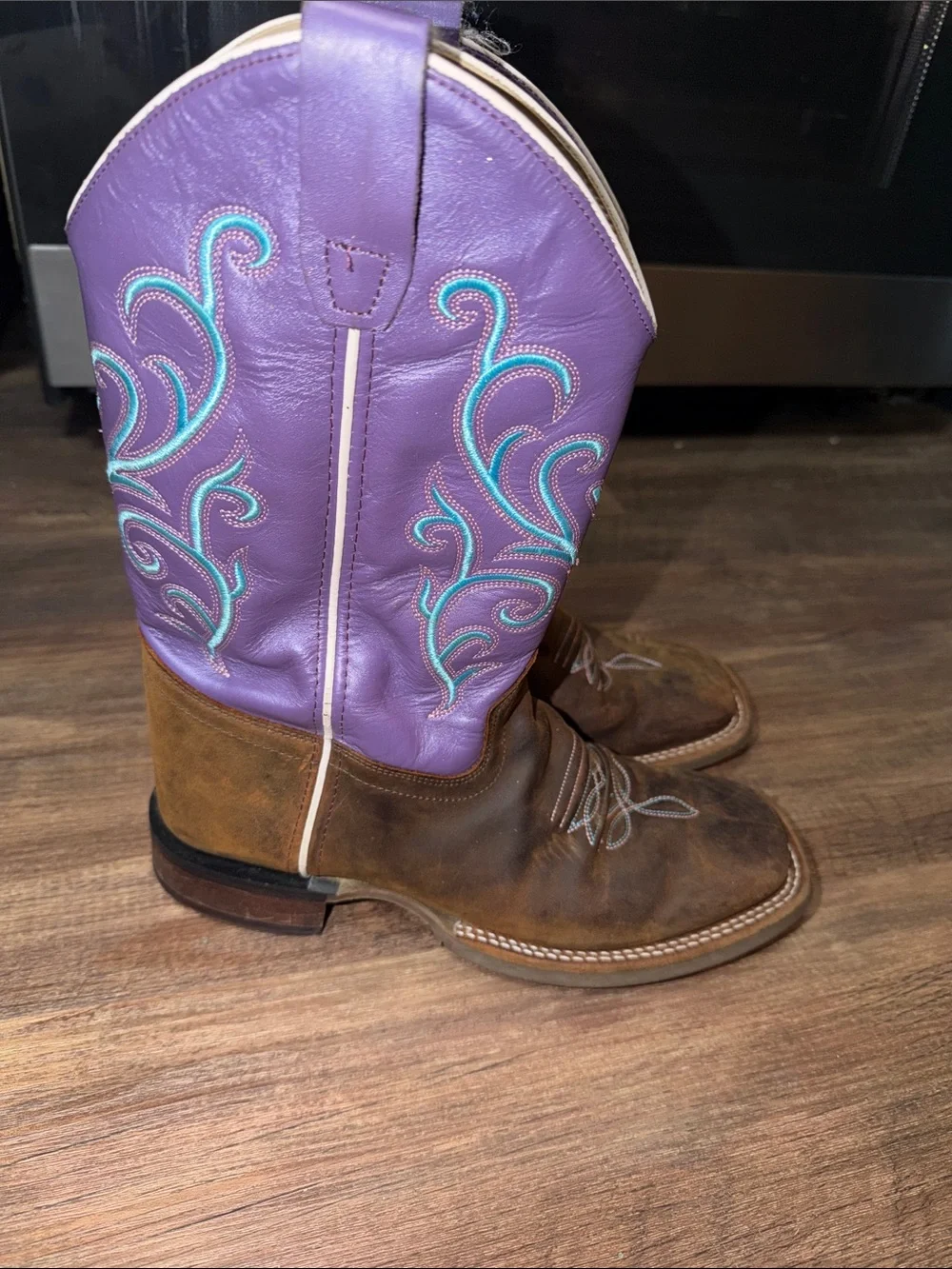 Old West Girl's Square Toe Leather Western Boot Brown with Purple Top size 6D
